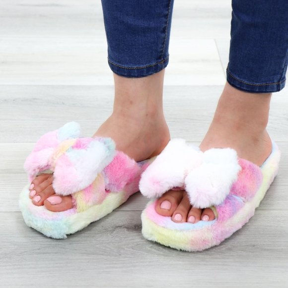 Shoes - Bow Tie Furry Slip On Tie Dye Slippers